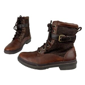 UGG Kesey Casual Lace Up Boots Sz 6 Brown Leather Buckle Wool Leather